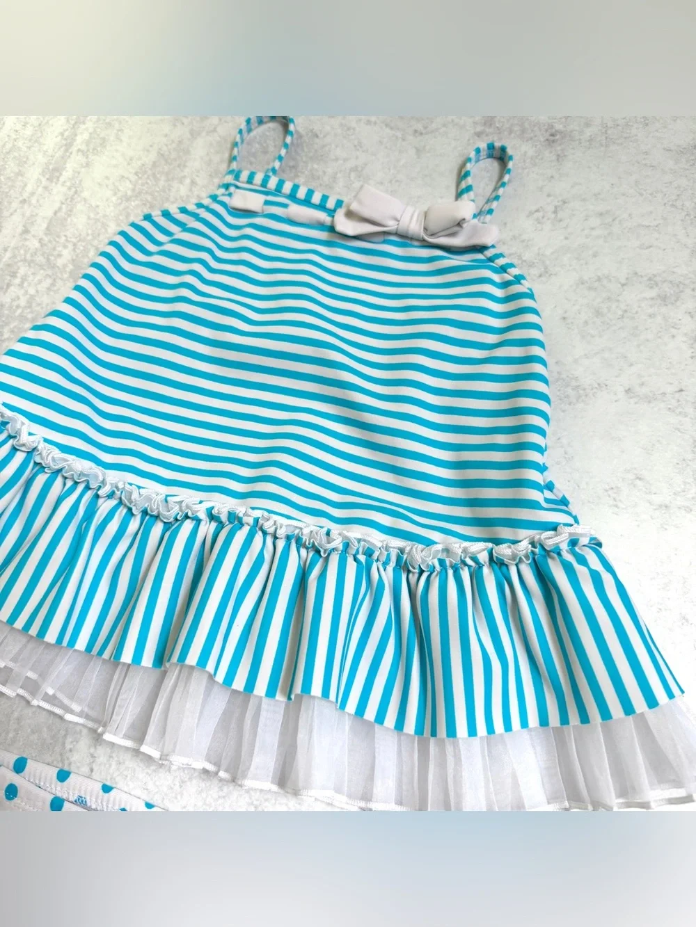 18M👙 Kate Mack Aqua Stripe Tutu Ruffle Tankini Swimsuit Set w Polka Dot Bottom